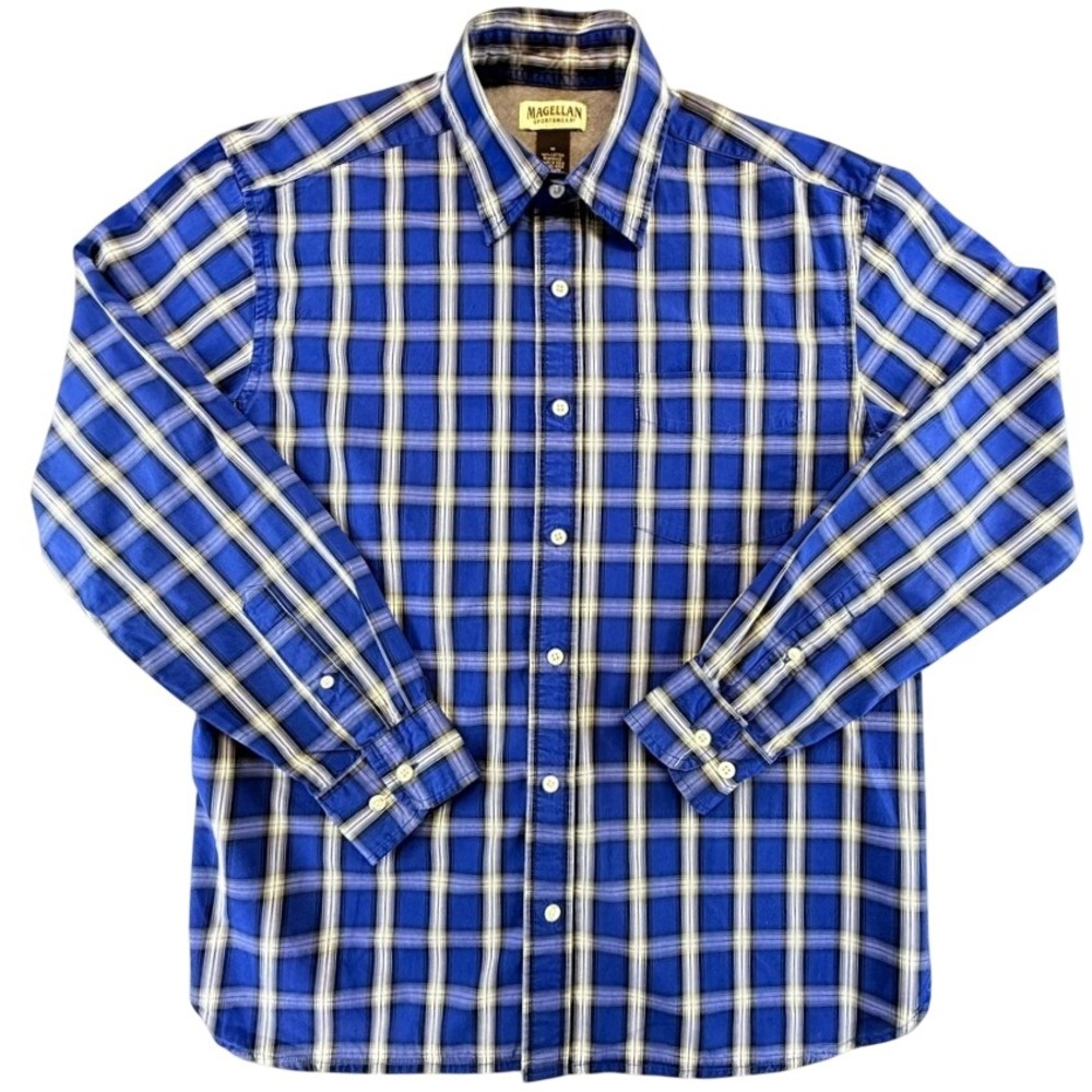 Magellan Sportswear Mens Blue Plaid Button Down Cotton Shirt Medium Long Sleeve